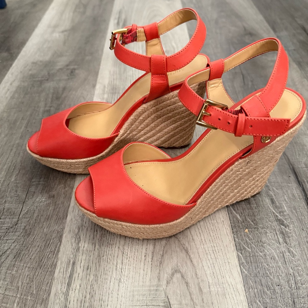 Michael Kors coral-colored wedge sandals with a jute-trimmed espadrille Sz. 8M - Picture 2 of 4